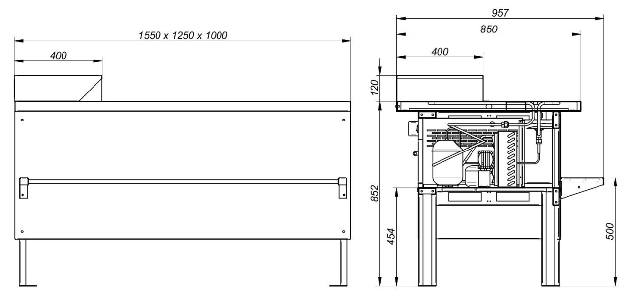 Прилавок холодильный среднетемпературный «Мясной» ПХС-1,55/0,85 (встроенное холодоснабжение) с трубой и перекладиной - Изображение 2